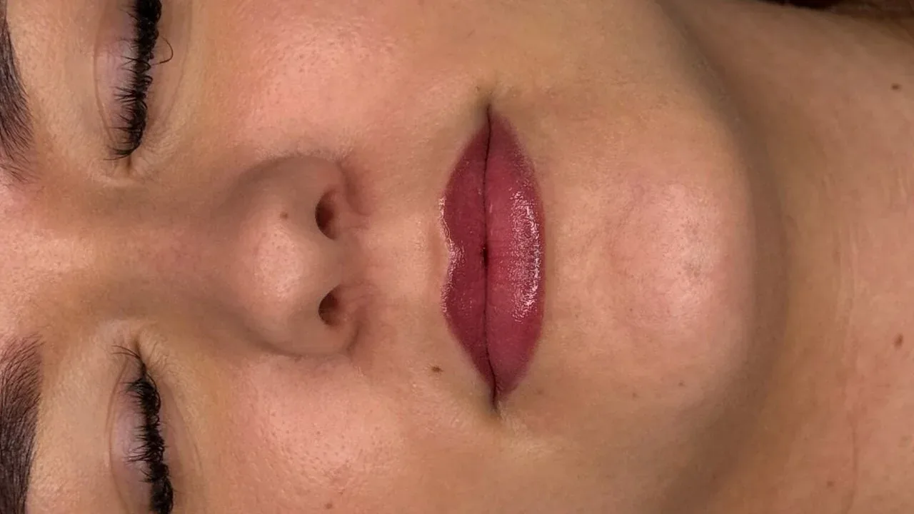 Rose-toned lip blush on a relaxed client